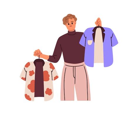 Ilustración de una persona eligiendo entre varias prendas de ropa en un probador moderno.