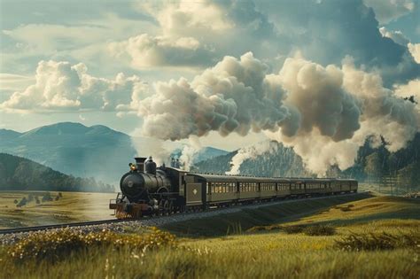 Fotografía de un tren atravesando un paisaje montañoso, con niños mirando por la ventana.