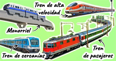 Collage de diferentes tipos de trenes: carga, pasajeros, monorriel, metro.