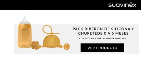 Infografía mostrando los componentes típicos de un pack Suavinex (biberón, chupete, broche)