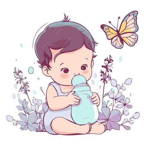 Ilustración de un bebé jugando con un biberón y un chupete.
