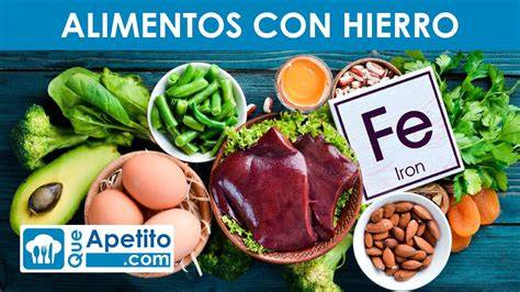 Imagen de diferentes alimentos ricos en hierro y un suplemento de hierro.