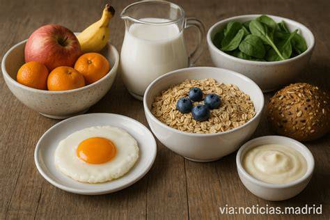 Esquema de un desayuno equilibrado para un deportista adulto, mostrando cereales, frutas y proteínas