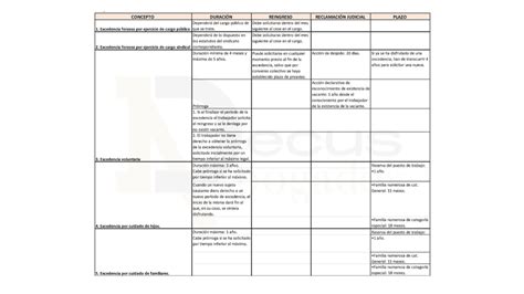 Esquema de tipos de excedencias laborales y sus características principales