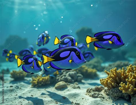 Fotografía submarina de un grupo de peces cirujano azul nadando entre corales tropicales.