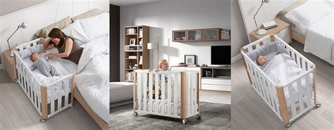 Esquema mostrando las diferentes funcionalidades de una cuna convertible: minicuna, cuna colecho, cuna estándar, sofá infantil.