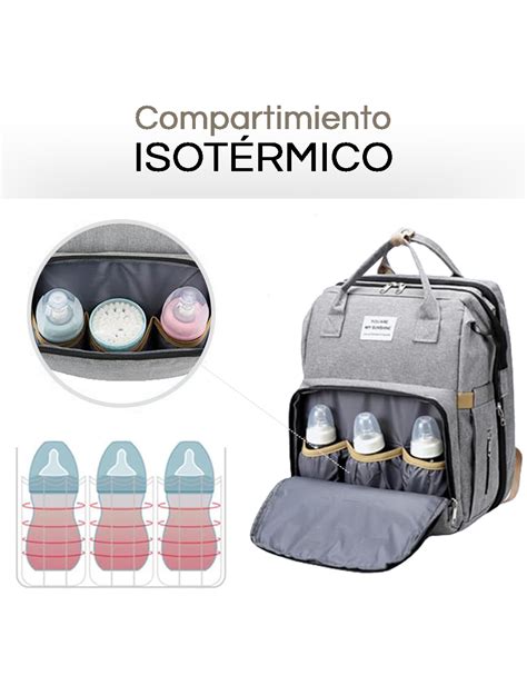 Diseño de una mochila de pañales moderna con múltiples compartimentos y bolsillos aislados.