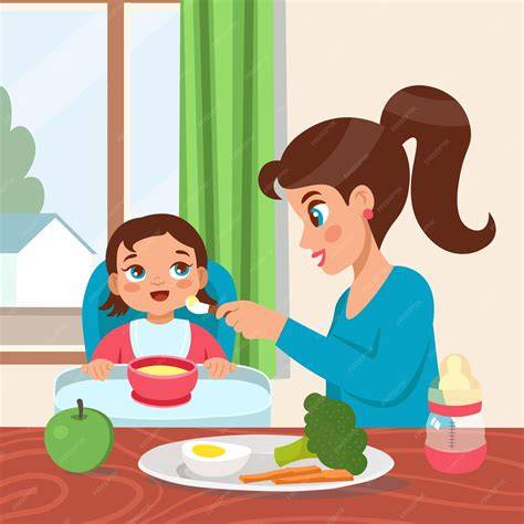 Ilustración de una madre alimentando a su bebé con una cuchara, mostrando que la comida puede terminar en la cara del bebé.