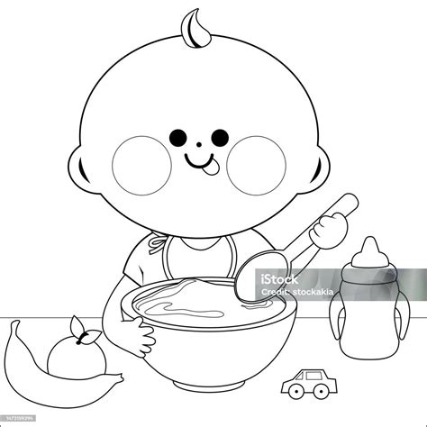 ilustración de un bebé comiendo fruta fresca