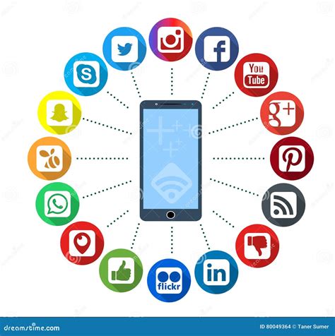 Ilustración de un teléfono móvil mostrando diferentes iconos de redes sociales con un símbolo de 