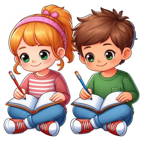 Ilustración: Niños leyendo y escribiendo en cuadernos de repaso de lengua