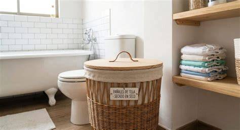 Cubo de pañales de tela con tapa en un baño