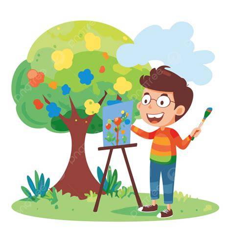 Ilustración de un niño pintando un árbol.
