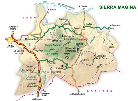 Mapa de la comarca de Sierra Mágina en la provincia de Jaén, España.