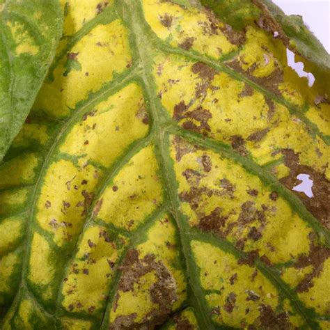 Foto de hojas de planta mostrando síntomas de deficiencia de azufre (amarillamiento en hojas jóvenes)