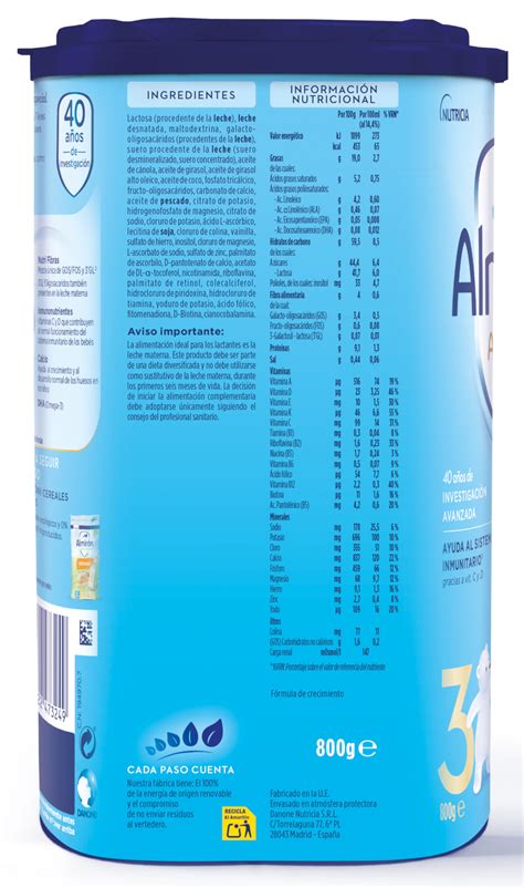 tabla nutricional detallada de Almirón Advance 3