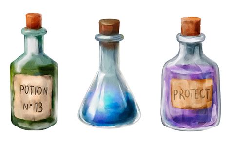 Ilustración de diversos frascos de pociones de colores brillantes con burbujas flotando alrededor.