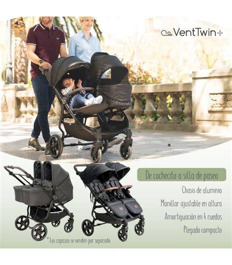 Fotografía de la silla de paseo gemelar Olmitos VentTwin+ en un entorno urbano, mostrando su diseño elegante y moderno.