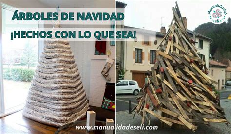 Collage de diversos árboles de Navidad hechos a mano: desde versiones minimalistas de madera hasta árboles 3D de papel y fieltro