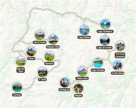 mapa de carreteras de los Dolomitas con rutas de senderismo y ciclismo