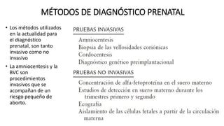 Tabla comparativa de los diferentes métodos de diagnóstico prenatal: Amniocentesis, Biopsia Corial, TPNI, Triple Screening.