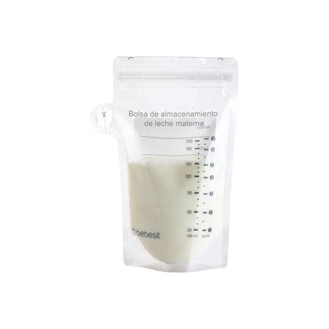 Esquema de las diferentes formas de almacenar leche materna: en bolsas, biberones y tarros, con indicación de fecha y cantidad.