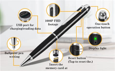 Diagrama mostrando las partes de un bolígrafo espía (cámara, micrófono, batería, botón de control, ranura SD)