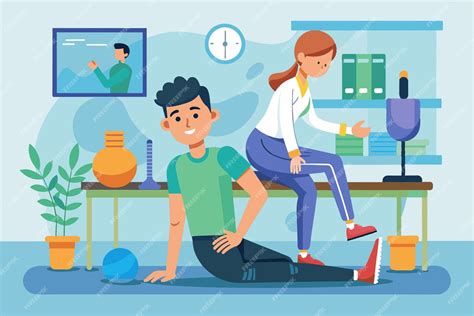 Ilustración de un fisioterapeuta trabajando con un deportista en una clínica moderna