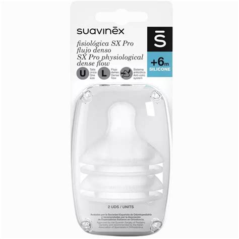 Infografía detallando las características anatómicas de la tetina fisiológica SX Pro de Suavinex.