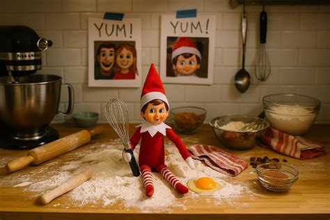 Ilustración de un elfo travieso haciendo travesuras con harina en la cocina