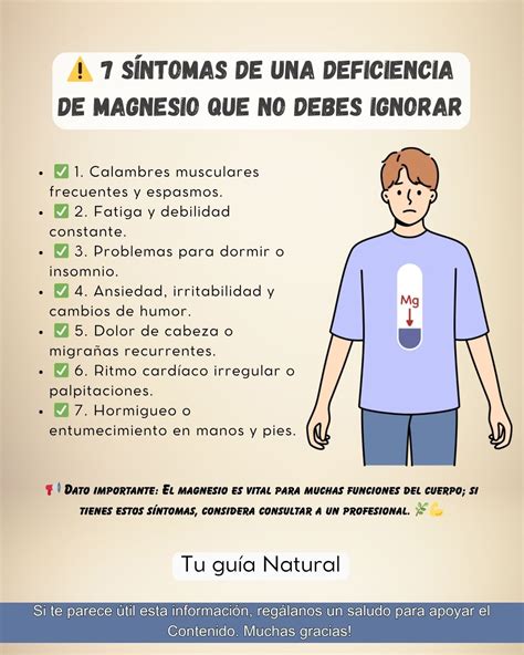 Infografía detallando los síntomas comunes de la deficiencia de magnesio, como calambres musculares, insomnio y dolores de cabeza.