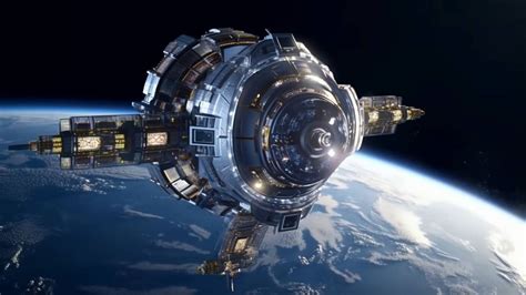 Diseño de una nave espacial en el espacio con sus componentes estructurales visibles