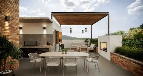 Diseño de una terraza moderna con zona de estar y comedor exterior