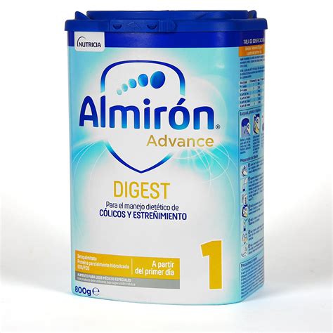 Infografía detallando los componentes principales de Almirón Advance Digest 1 y sus beneficios para la digestión infantil.