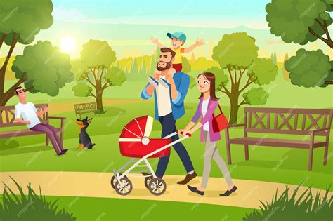 Familia paseando con un cochecito para trillizos por un parque