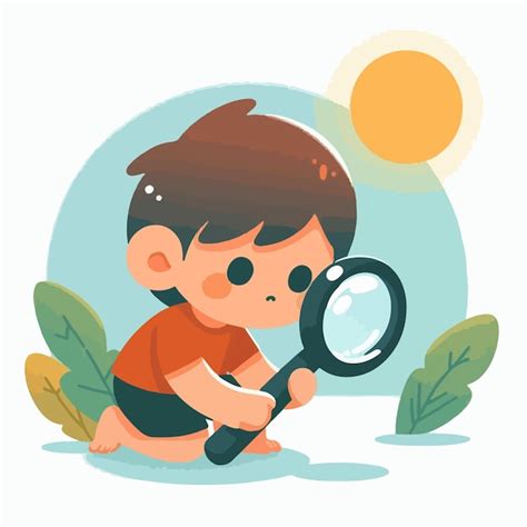 Ilustración de un niño buscando bichos en el jardín