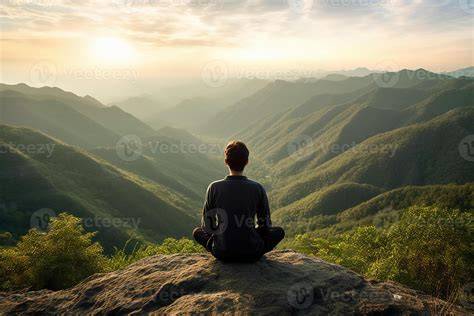 Persona meditando en un paisaje exótico al atardecer, simbolizando atención plena en un viaje transformador