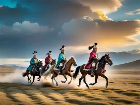 Jinetes nómadas en las estepas de Mongolia al atardecer