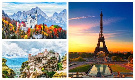 Montaje de fotos de los lugares emblemáticos visitados por Juan Romo en su viaje: Coliseo, Torre Eiffel, canales de Brujas, molinos de Ámsterdam