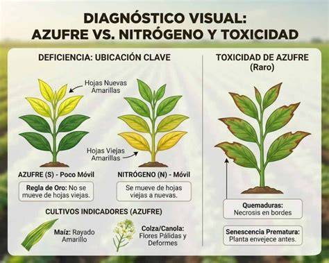 Comparativa visual de hojas de cannabis sanas y hojas con deficiencia de azufre, mostrando el característico amarillamiento entre los nervios.