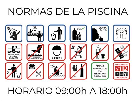 Ejemplo de cartel informativo con iconos para normas de piscina