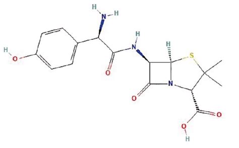 Esquema de la estructura molecular de la amoxicilina o una representación visual de su mecanismo de acción bactericida.