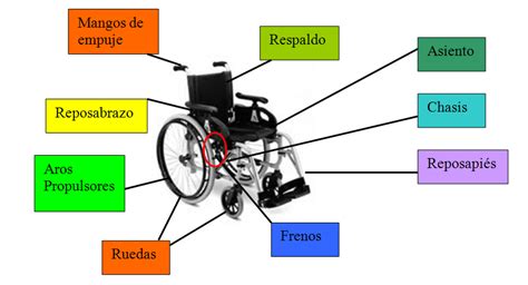 Esquema de las principales partes de una silla de ruedas manual y eléctrica