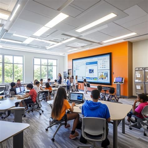 Interior de un aula moderna en un colegio canadiense con estudiantes interactuando