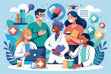 Ilustración de profesionales de la salud colaborando en un entorno internacional