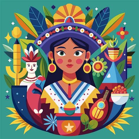 Retrato simbólico de una mujer inmigrante con elementos culturales diversos