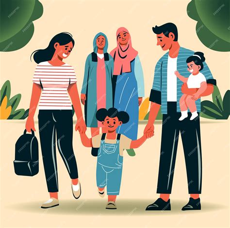 Ilustración que muestra una familia feliz disfrutando de un paseo al aire libre con diversos accesorios para bebé.