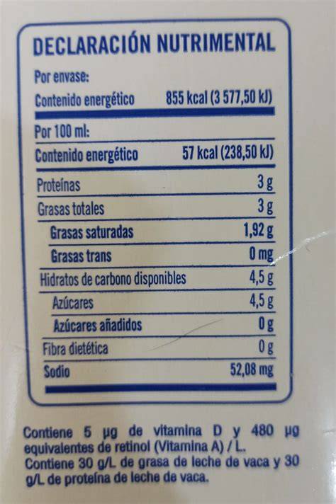 Tabla comparativa de valores nutricionales entre leche entera, desnatada y leche condensada