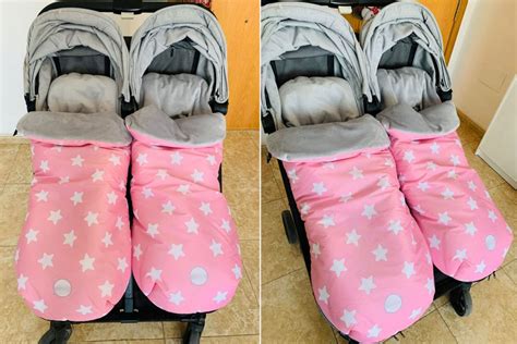 Bebés en una silla gemelar con sacos de invierno, mostrando los ojales para el crecimiento