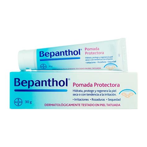 Infografía detallando los ingredientes clave de Bepanthol Pomada Protectora y sus funciones.